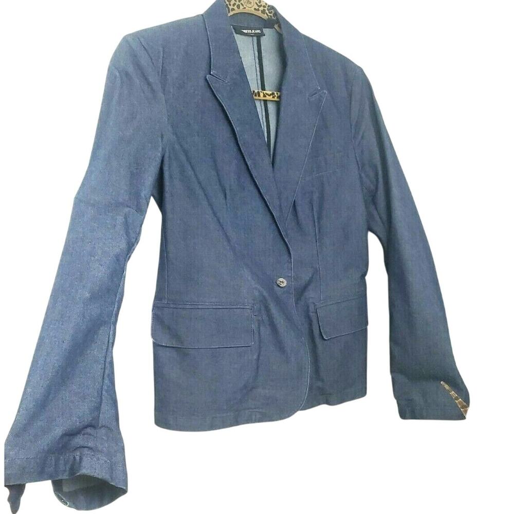 Y2k Express Top S Dark Blue Denim Jean Jacket Womens Fitted Blazer Size 3 4 Coat